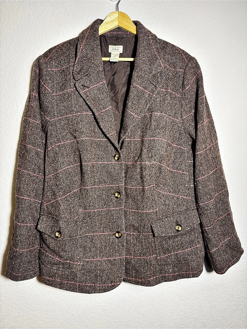 L.L.Bean Wool Silk Blend Herringbone Plaid Blazer Brown Pink Plus Size 2X
